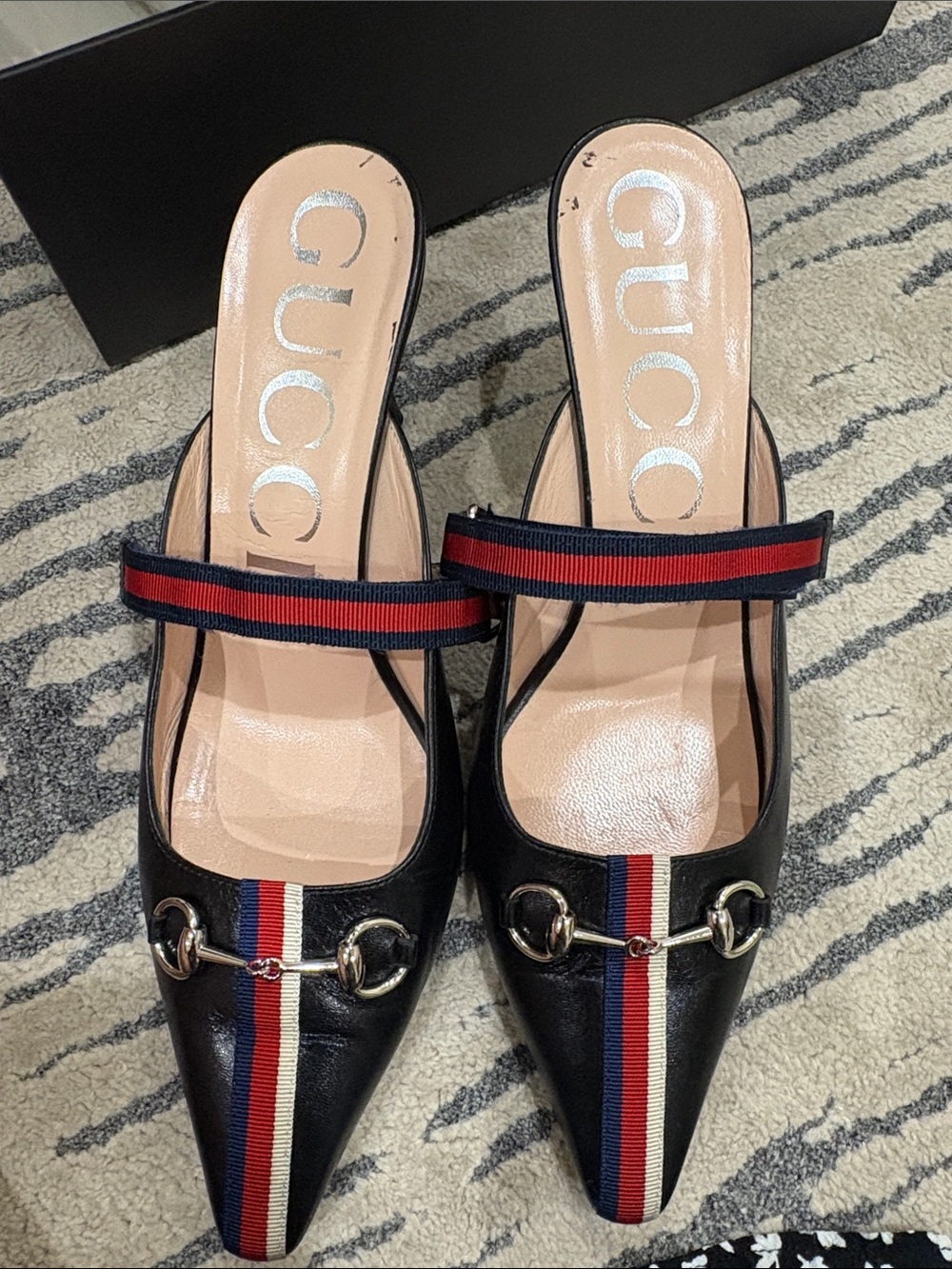 Gucci Sylvie Horsebit Slingback Pump Mule Black Web Stripe Mid Heel - Picture 2 of 15